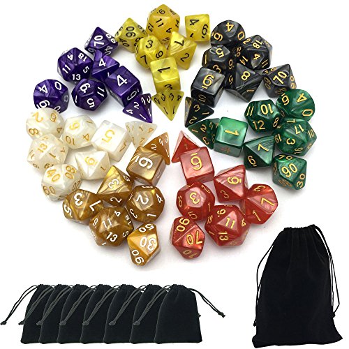 SmartDealsPro 7 x 7-Die Pearl Polyhedral Dice Sets with Drawstring Pouches for Dungeons and Dragons DND RPG MTG Table Games D4 D6 D8 D10 D% D12 D20