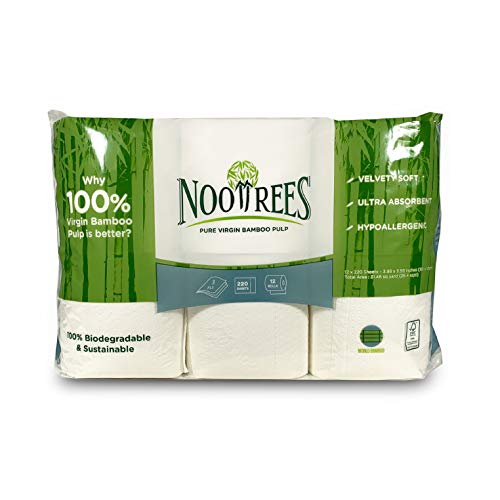 NooTrees Bamboo 3-ply Bathroom Tissue, 220 Sheets, 12 Rolls, Ecofriendly,100 Percent Biodegradable & Sustainable, Hypoallergenic, Ultra Absorbent Velvety Soft, FSC Certified