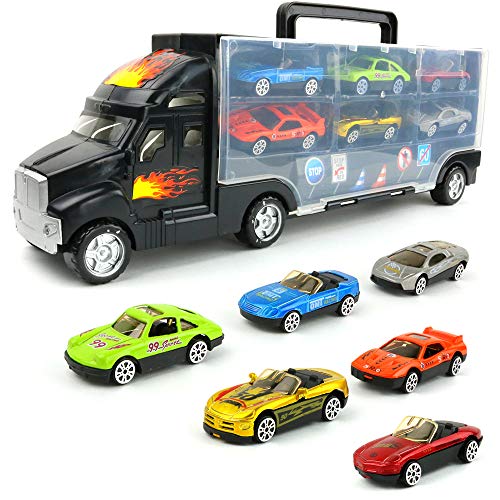 Book Cover Transport Car Carrier Truck - with 6 Stylish Metal Racing Cars - with Carrying Case