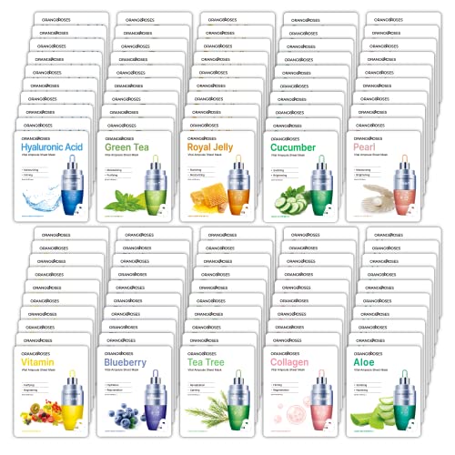 OBS lab Orangeroses 100 Pcs Korean Essence Mask Sheets (10 x 10 Types) New Upgraded Formula and Mask Sheet with Release Paper, Korean Face Mask Skincare