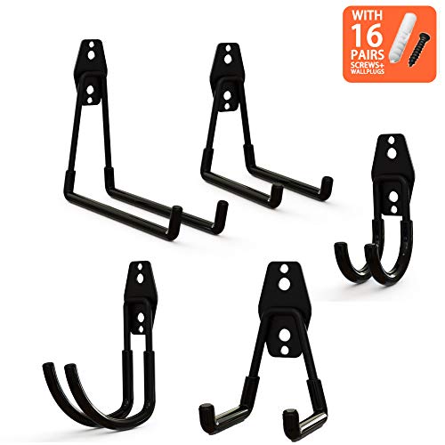 5pcs Heavy Duty Wall Hooks for Garage Storage System Kitchen Organizer, Multi-Size Clip Hook Hanger Holder for Hanging Ladder Weed Eater Extension Cord Shovel Hose Garden Tool, Mount Screws Included