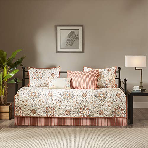 Madison Park Daybed Cover Set-Double Sided Quilting Casual Design All Season Bedding with Bedskirt, Matching Shams, Decorative Pillow, 75"x39", Tissa, Reversible Medallion Ivory 6 Piece