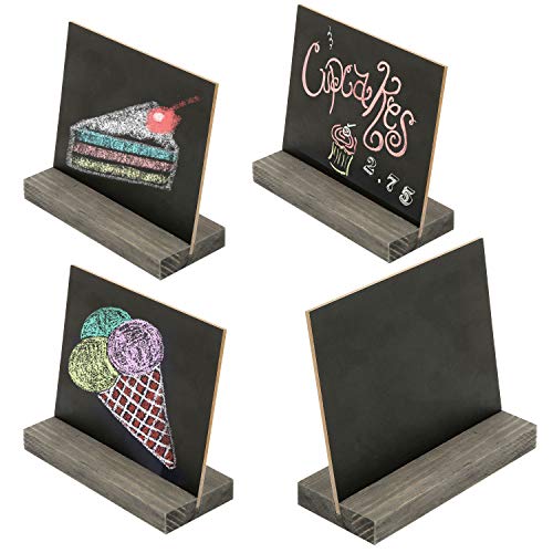 MyGift 4 Pack Small Tabletop Chalkboard Wedding Name Card with Rustic Brown Wood Base, Decorative Standing Price or Label Cards for Cafe, Bakery, Food Buffet Tables, 5 X 6 Inch