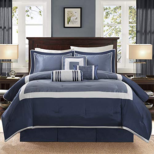 Book Cover Madison Park Cozy Comforter Set - Deluxe Hotel Collection, All Season Down Alternative Luxury Bedding with Matching Shams, Decorative Pillows, Genevieve, Navy Cal King(104