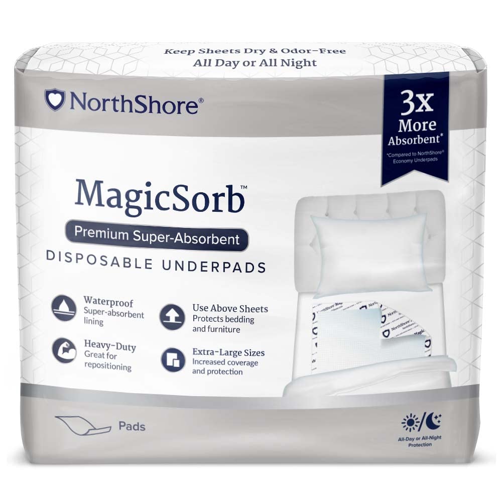 NorthShore MagicSorb, 30 x 36, 60 oz, Super-Absorbent Disposable Underpads, X-Large, Case/40 (4/10s) White, 30 X 36, 60 Oz. X-Large (40 Count)