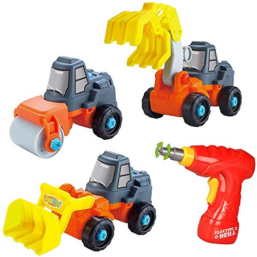 3-in-1 Construction Take-A-Part Toy Truck for Kids with 27 Take Apart Pieces and Power Tool Drill (Bulldozer + Excavator + Roller)