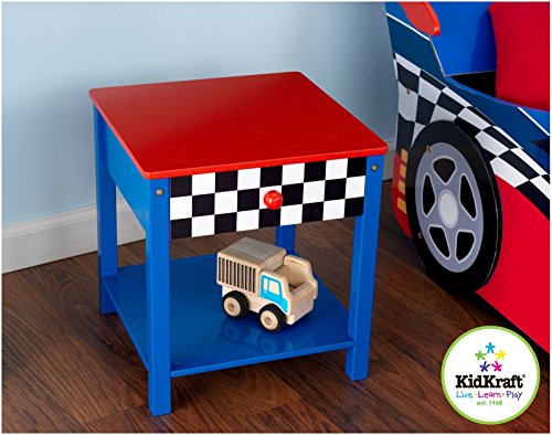 KidKraft Wooden Racecar Toddler Bedside Table with One Drawer and Shelf - Red and Blue, Gift for Ages 3+