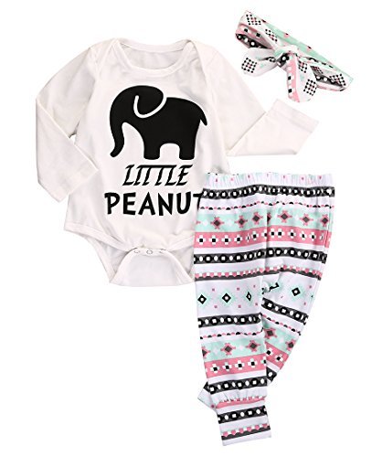 Book Cover Newborn Infant Baby Boy Girl Elephant Headband+Romper+Pant Leggings Outfits Set (0-3M, White)
