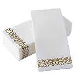 BloominGoods Disposable Guest Towels for Bathroom - Linen-Feel Hand Towel -Paper Napkins for Party, Wedding or Dinner - Premium Quality Soft Absorbent Napkins White and Gold 8.5 X 4" Folded 100 Pack