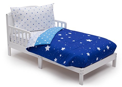 Toddler Bedding Set | Boys 4 Piece Collection | Fitted Sheet, Flat Top Sheet w/ Elastic bottom, Fitted Toddler Bed Comforter w/ Elastic bottom, Pillowcase | Delta Children Boys Starry Night Blue Stars