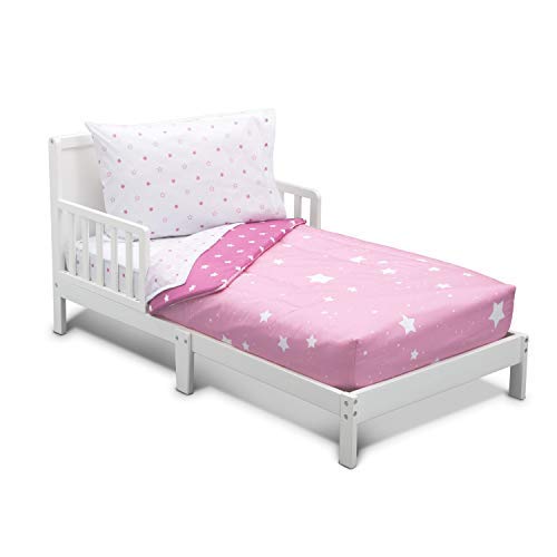 Toddler Bedding Set | Girls 4 Piece Collection | Fitted Sheet, Flat Top Sheet w/ Elastic Bottom, Fitted Comforter w/ Elastic Bottom, Pillowcase | Delta Children | Girls Starry Night | Purple Stars