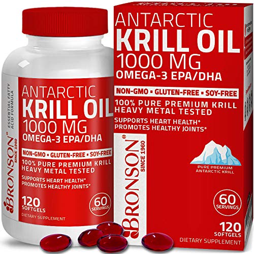 Book Cover Bronson Antarctic Krill Oil 1000 mg with Omega-3s EPA, DHA, Astaxanthin and Phospholipids 120 Softgels (60 Servings)