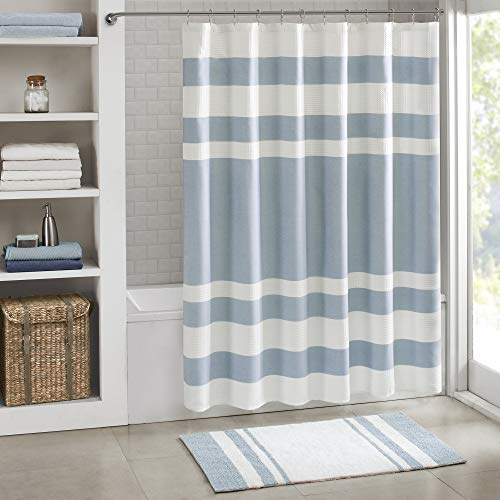 Book Cover Madison Park Spa Waffle Shower Curtain Pieced Solid Microfiber Fabric with 3M Scotchgard Water Repellent Treatment Modern Home Bathroom Decorations, Standard 72X72, Blue