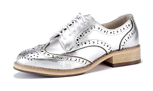 U-lite Women's Perforated Lace-up Wingtip Multicolor Leather Flat Oxfords Vintage Oxford Shoes