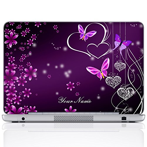 Meffort Inc Personalized Laptop Notebook Notebook Skin Sticker Cover Art Decal, Customize Your Name (15.6 Inch, Purple Hearts Butterflies)