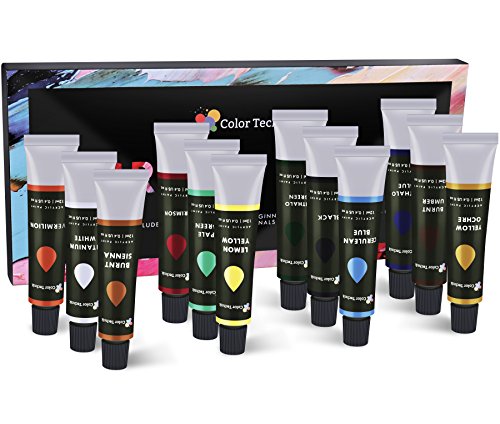 Acrylic Paint Set By Color Technik, Professional Artist Quality, Palette Included, 12 Aluminium Tubes, Best Colors For Painting Canvas, Wood, Clay, Fabric, Nail Art and Ceramic, Rich Pigments, Gift Me