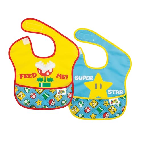 Bumkins Nintendo Super Mario SuperBib, Baby Bib, Waterproof, Washable, Stain and Odor Resistant, 6-24 Months, 2-Pack