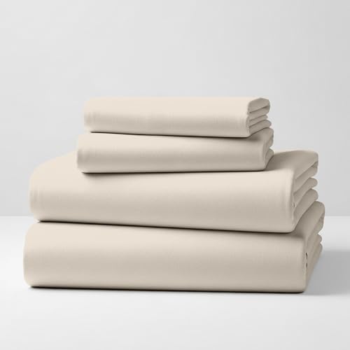 Mellanni Cotton Flannel Sheet Set - Double Brushed for Added Softness & Comfort - Deep Pocket Fitted Sheet up to 16" - 4 Piece Set (Queen, Beige)