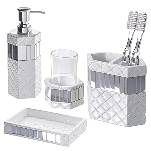 Creative Scents White Bathroom Accessories Set - Decorative 4 Piece Bathroom Set - Mirrored Bathroom Accessory Set Includes: Soap Dispenser, Toothbrush Holder, Tumbler & Soap Dish (Quilted Mirror)