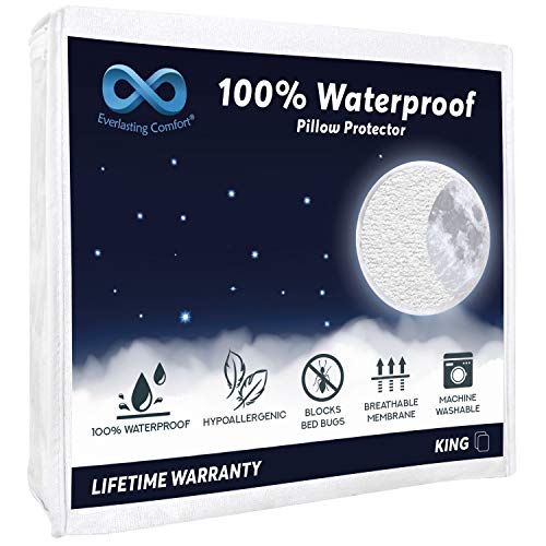 Everlasting Comfort 2-Pack King Size 100% Waterproof Pillow Protector - Hypoallergenic Pillow Covers - Breathable Membrane Lifetime Replacement Guarantee