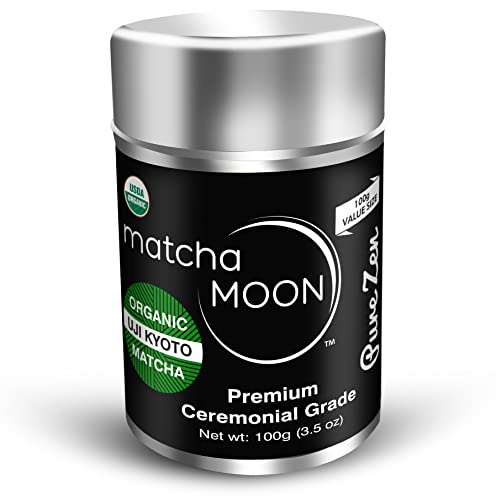 Matcha Moon Ceremonial Grade Matcha Green Tea Powder - Best For Traditionally Whisked Tea - Organic Matcha Green Tea Powder - Pure Zen - Value Size 100g Tin