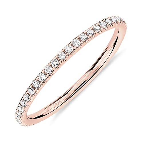 PAVOI 14K Rose Gold Plated 925 Sterling Silver Stackable CZ Ring for Women | Thin Band for Stacking | Simulated Diamond Eternity Wedding Band | Size 8