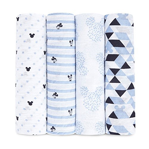 aden by aden + anais Disney Swaddle Baby Blanket, 100% Cotton Muslin, 44 X 44 inch, 4 Pack, Mickey Mouse