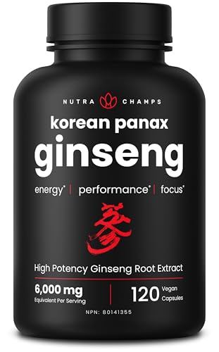 NutraChamps Korean Red Panax Ginseng 1000mg - 120 Vegan Capsules Extra Strength Root Extract Powder Supplement w/High Ginsenosides for Energy, Performance & Focus Pills for Men & Women