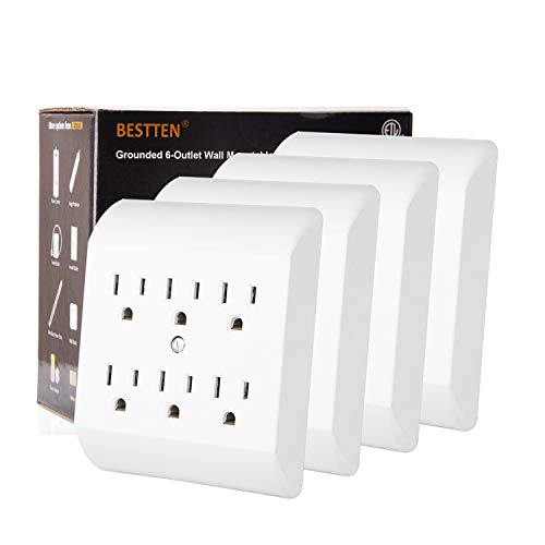 BESTTEN [4 Pack] 6 Outlet Wall Tap Adapter, Plug Extender Splitter with Mounting Screw, ETL Certified, White