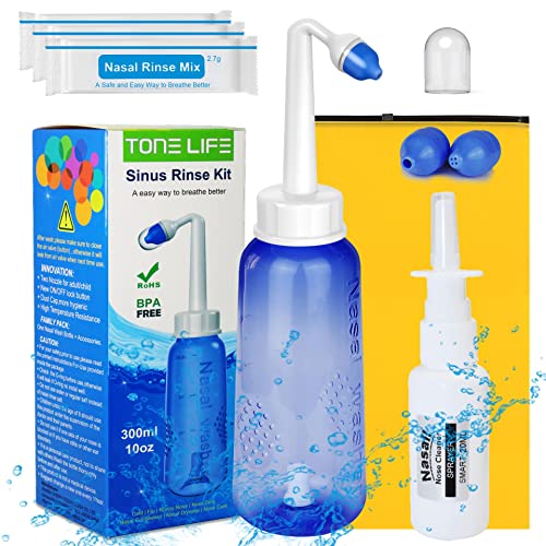 TONELIFE 3xNasal Rinse Mix + Neti Pot | Nose Wash Bottle 300ml + Nasal Sprayer with Waterproof Storage Bag