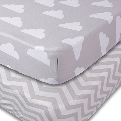 Book Cover Crib Sheets, 2 Pack Unisex Clouds and Chevron Fitted Soft Jersey Cotton Bedding