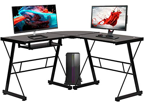 Book Cover Computer Desk Gaming Desk Home Office Toughened Glass L Shaped Corner Writing Study Keyboard CPU Stand Girl Kids Student PC Modern Executive Table for Small Spaces