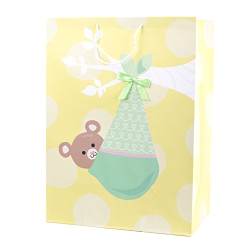 Hallmark 20" Oversized Baby Gift Bag (Bear in Blanket, Yellow and Green) for Baby Showers, New Parents and More