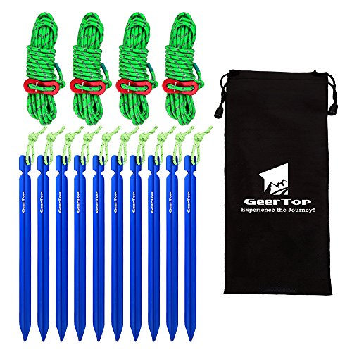 GEERTOP 10 Pack 7-in Aluminum Tent Pegs Tent Stakes & 4mm Reflective Guy lines with Cord Adjuster & Pouch for Hiking Camping Mountaineering Â¡Â­