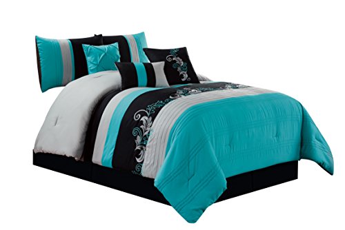 Chezmoi Collection Napa 7-Piece Luxury Leaves Scroll Embroidery Bedding Comforter Set (King, Teal/Gray/Black)