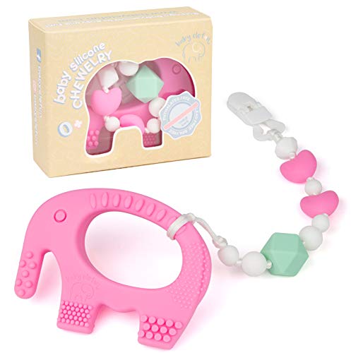 Teething Toys for Babies 6-12 Months - Bpa Free Silicone Teether for Baby Girl - Easy to Hold, Soft and Highly Effective Elephant Teethers Toy with Clip Pacifier Holder Best Valentines Day Gift
