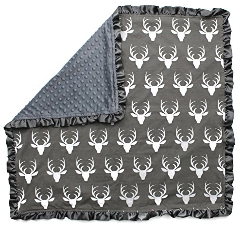 Dear Baby Gear Baby Blankets, Antlers on Grey, Black Minky, 32 Inches by 32 Inches
