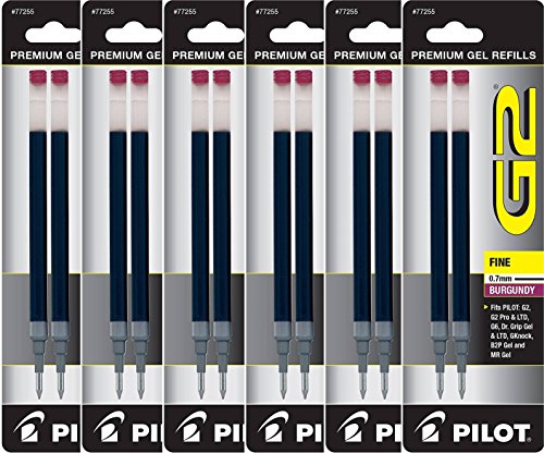 Value Pack of 6 - Pilot G2 Gel Ink Refills for Rolling Ball Pen, Fine Point, Burgundy (77255)