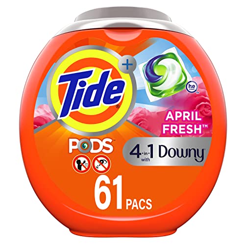 Book Cover Tide PODS Plus Downy 4 in 1 HE Turbo Laundry Detergent Pacs, April Fresh Scent, 61 Count Tub - Packaging May Vary