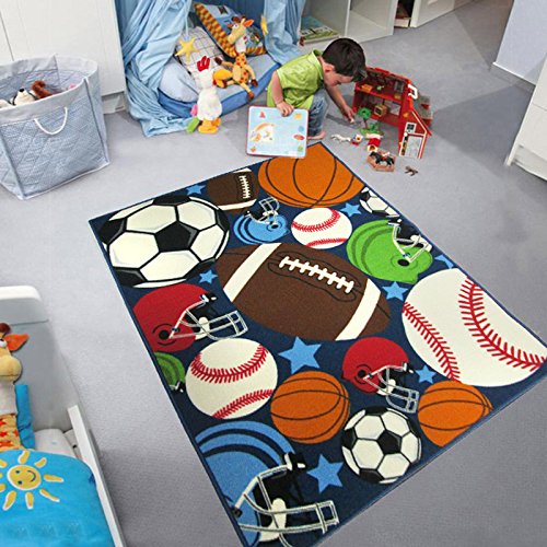 Book Cover Blue Kids Rug Fun Sport Rugs Nylon Carpet Boys Girls Childrens Rug Balls Print with Soccer Ball, Basketball, Football, Tennis Ball Bedroom Playroom (100x130cm(39''x51''))