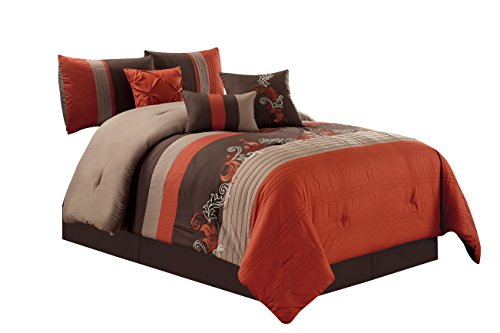 Book Cover Chezmoi Collection Napa by 7-Piece Luxury Leaves Scroll Embroidery Bedding Comforter Set (King, Rust Orange/Taupe/Brown)