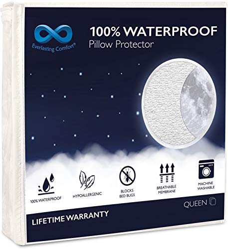 Book Cover Everlasting Comfort Waterproof Pillow Protectors - Set of 2, Queen Size Pillow Cases with Zipper - Hypoallergenic Pillowcase Covers Protect Pillows