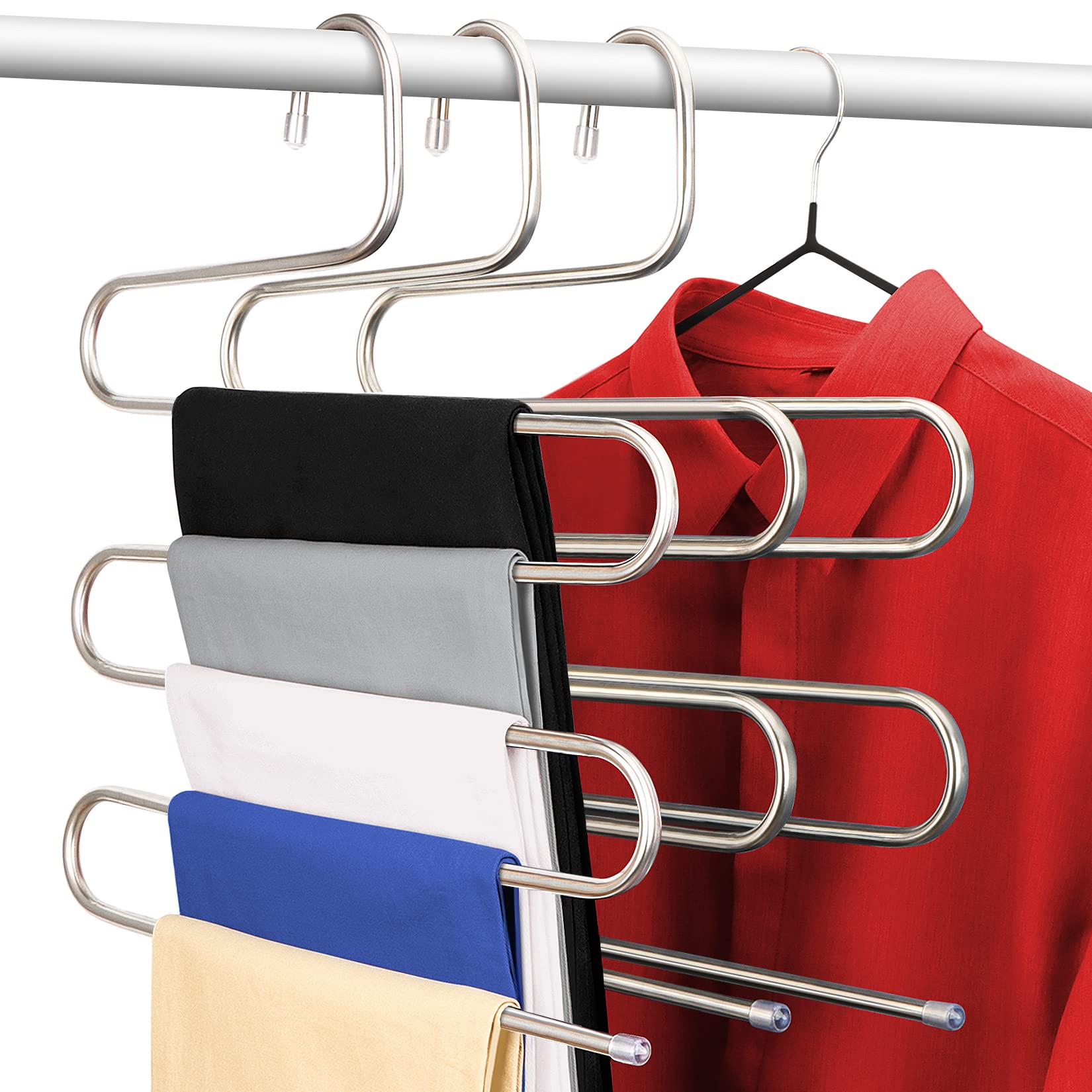 DOIOWN S-Type Stainless Steel Clothes Pants Scarf Hangers Closet Storage Organizer for Pants Jeans Scarf Hanging (14.17 x 14.96ins, Set of 3) (3-Pieces) Silver