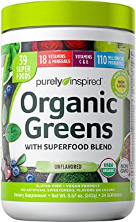 Greens Powder Smoothie Mix | Purely Inspired Organic Greens Powder Superfood | Super Greens Powder Organic | Fruit + Veggie Superfood Powder | Green Smoothie Powder, 24 Servings (Package May Vary)
