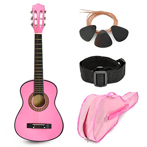 NEW! 30" Pink Wood Guitar with Case and Accessories Great Gift for Kids / Girls / Beginners (Standard)