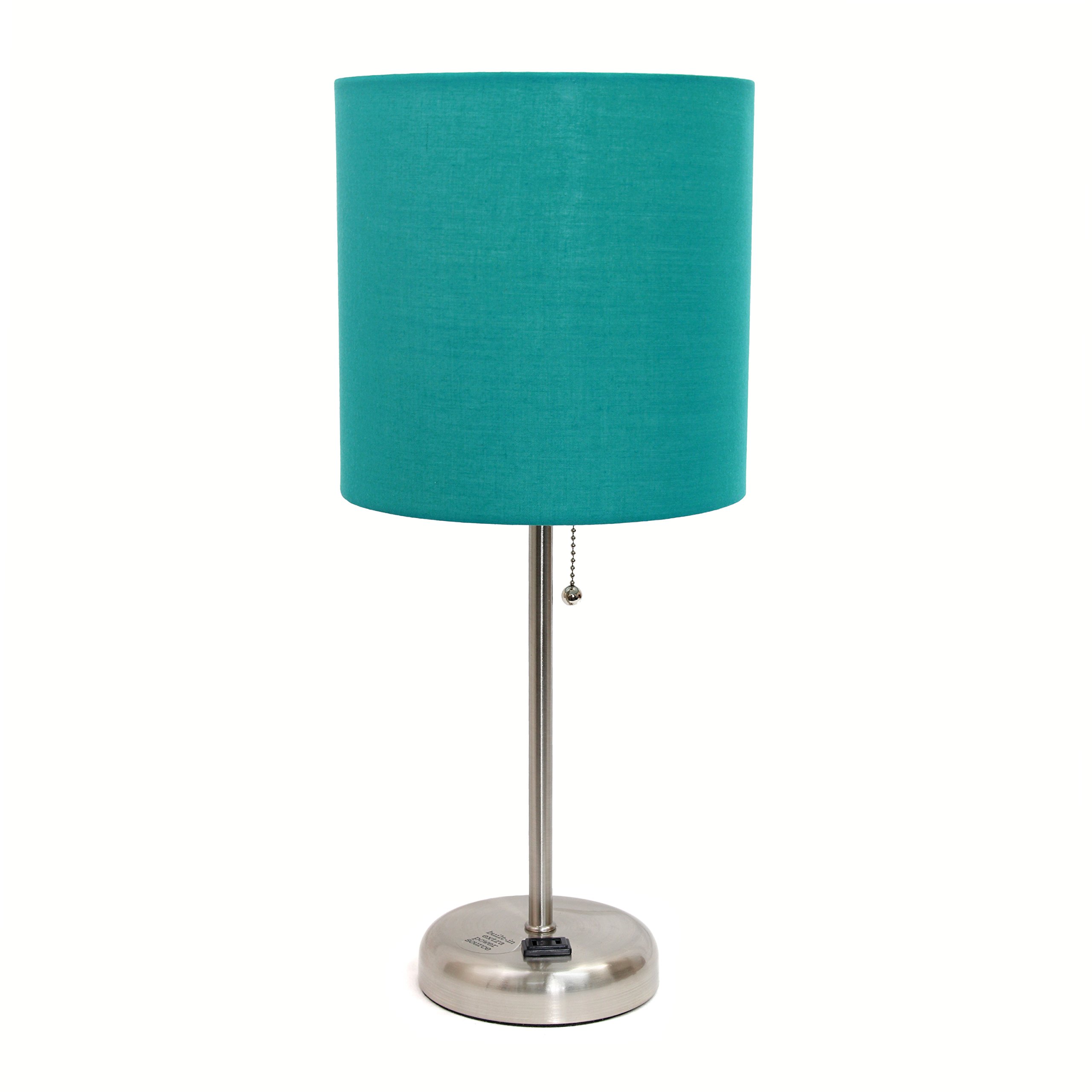 Book Cover Limelights LT2024-TEL Brushed Steel Stick Table Desk Lamp with Charging Outlet and Drum Fabric Shade, Teal Brushed Steel Base/Teal Shade 1