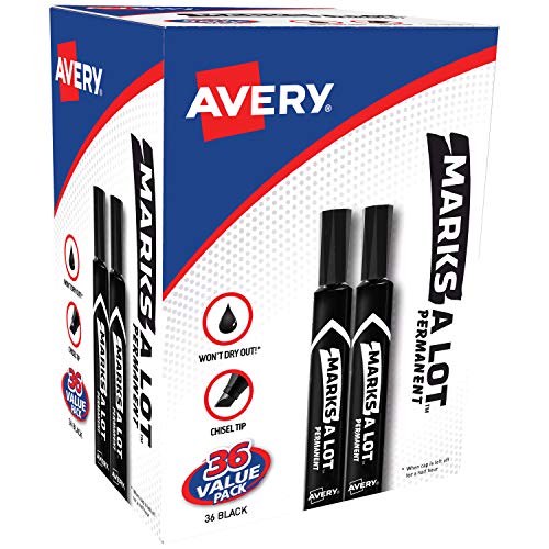 Avery Marks-A-Lot Permanent Markers, Large Desk-Style Size, Chisel Tip, Water and Wear Resistant, Value Pack of 36 Black Markers (98026)