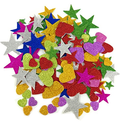 Foam Glitter Stickers Self Adhesive, Mini Heart and Stars Shapes for Kid's Arts Craft Supplies Greeting Cards Home Decoration (150 Pieces)