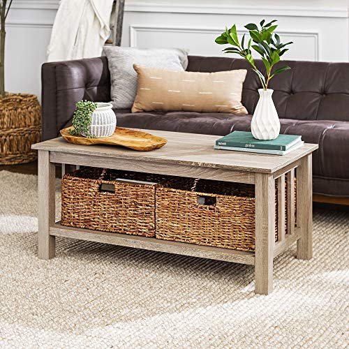 Book Cover Walker Edison Alayna Mission Style Two Tier Coffee Table with Rattan Storage Baskets, 40 Inch, Driftwood