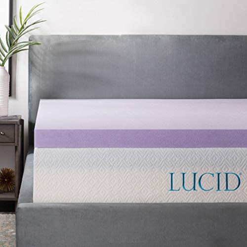 Book Cover LUCID 3 Inch Lavender Infused Memory Foam Mattress Topper - Ventilated Design - King Size